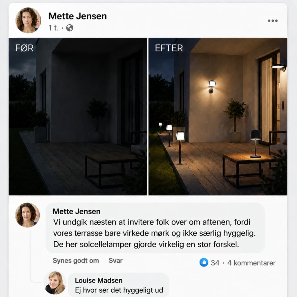 HAGRO: Facebook-testimonial — terrasse før og efter solcellelamper